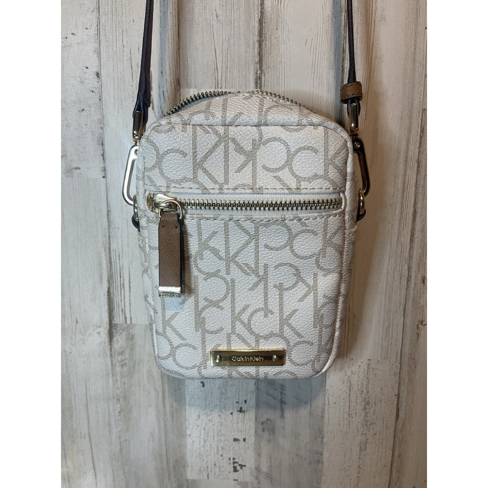 Calvin Klein Logo Crossbody Bag Adjustable Strap Beige Brown Gold Hardware